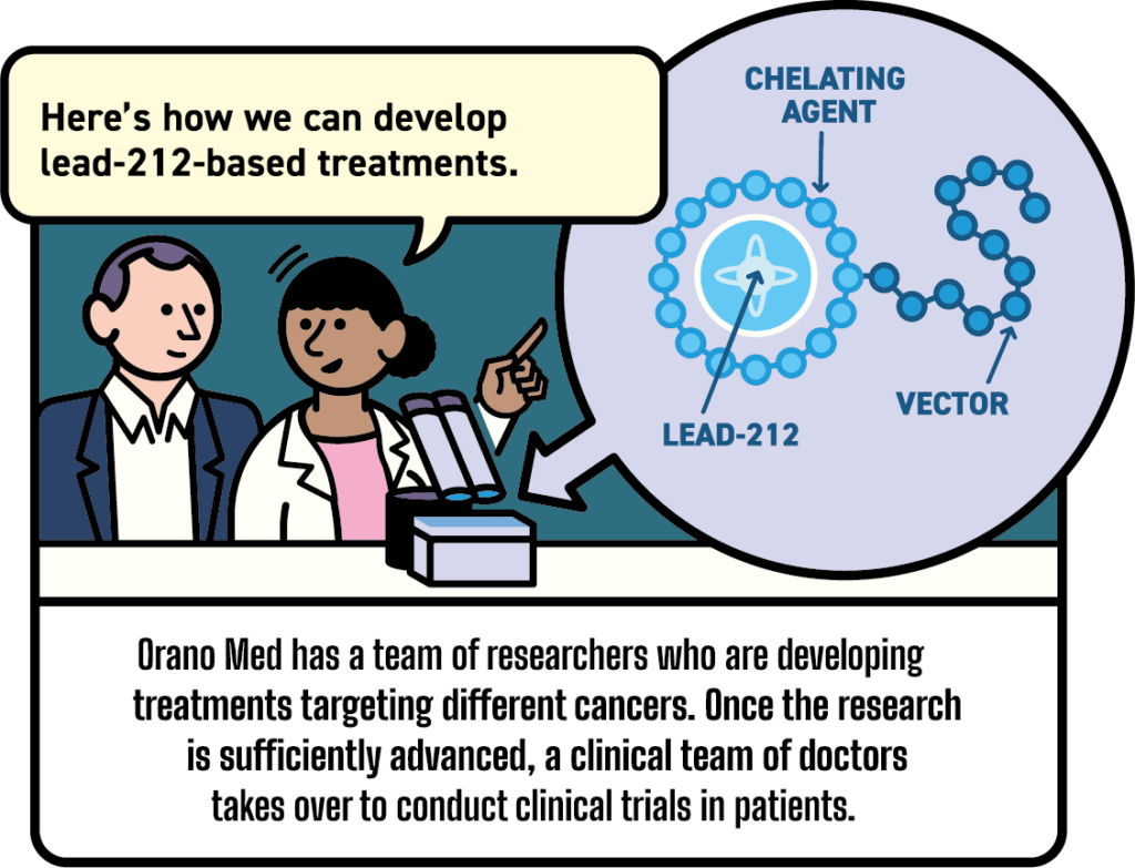 The scientist points to a diagram showing the three components of the treatment: lead-212, chelator and targeting vector. Speech bubble: "This is how we can develop lead-212-based treatments." — Orano Med has a team of researchers who develop treatments targeting different types of cancer. Once the research has reached a sufficient stage of maturity, the clinical team, made up of physicians, takes over to conduct clinical trials in humans.